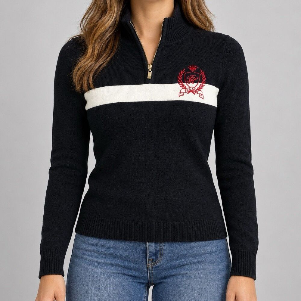 Tommy Hilfiger XL Black Quarter Zip Sweater Preppy Academia Collegiate Varsity
